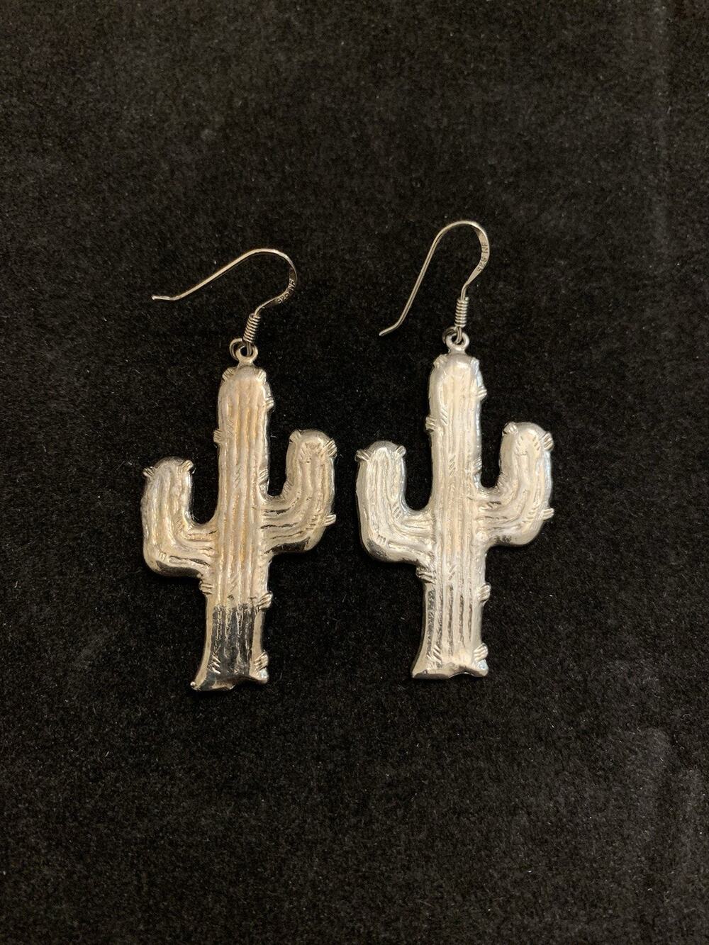 Vintage EA 925 Sterling Silver Cactus‎ Pierced Dangle Hook Earrings